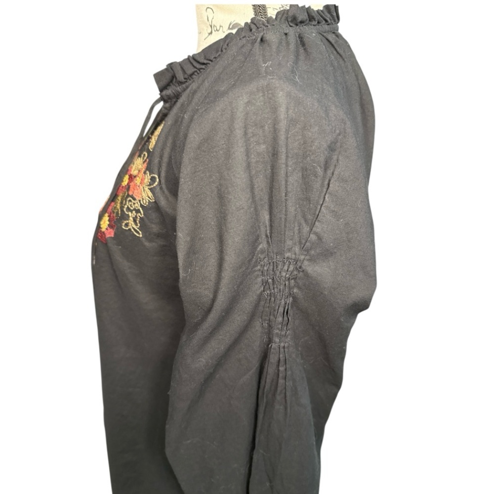 Black Floral Embroidered Boho Tunic Top Gypsycore Relaxed Blouse Festival L - Picture 6 of 9